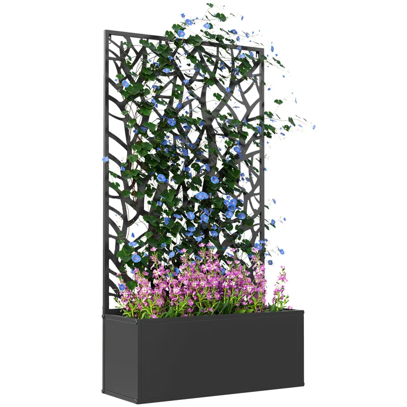 Jardinera Elevada con Panel de Privacidad de Ramas Decorativas de Metal y Opción de Montaje en Pared 61x23x113 cm Negro