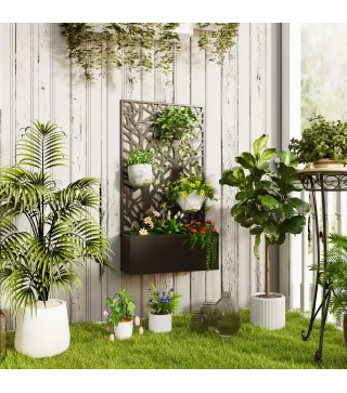 Jardinera Elevada con Panel de Privacidad de Ramas Decorativas de Metal y Opción de Montaje en Pared 61x23x113 cm Negro