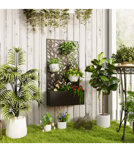 Jardinera Elevada con Panel de Privacidad de Ramas Decorativas de Metal y Opción de Montaje en Pared 61x23x113 cm Negro