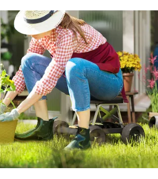 Asiento de Jardín con Ruedas Taburete de Jardinería con Bandeja de Herramientas Carga 130 kg 50x49x32 cm Negro