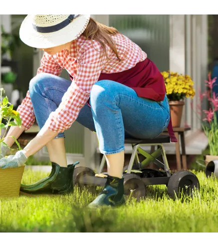 Asiento de Jardín con Ruedas Taburete de Jardinería con Bandeja de Herramientas Carga 130 kg 50x49x32 cm Negro