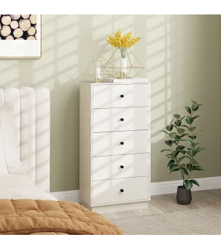 Cómoda de 5 Cajones Estrecha y Alta Mueble Auxiliar para Dormitorio o Pasillo con Tiradores Redondos 47x29x95 cm Beige