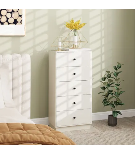 Cómoda de 5 Cajones Estrecha y Alta Mueble Auxiliar para Dormitorio o Pasillo con Tiradores Redondos 47x29x95 cm Beige