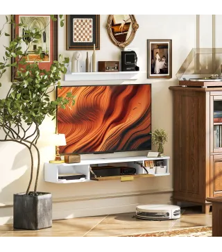 Conjunto Mueble TV y Estante de Pared con Armario y Compartimentos Abiertos Organización de Espacio y Montaje en Pared