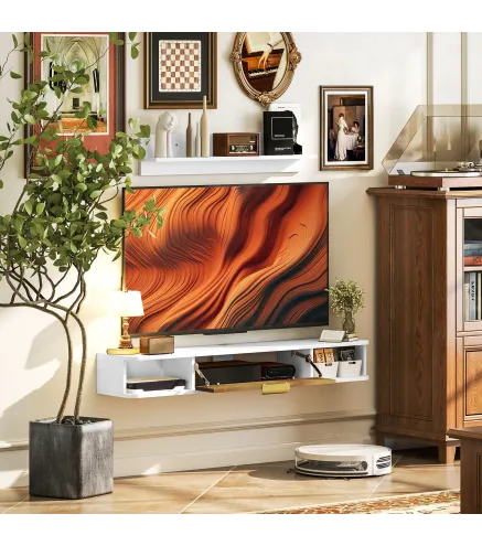 Conjunto Mueble TV y Estante de Pared con Armario y Compartimentos Abiertos Organización de Espacio y Montaje en Pared