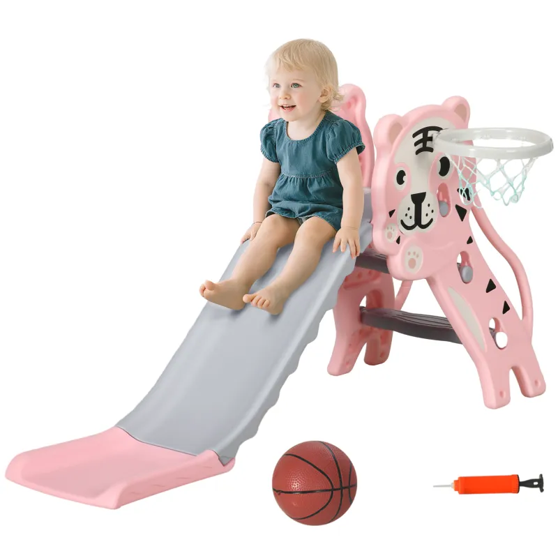 Tobogán para Niños de 18 a 36 Meses con 2 Escaleras 1 Canasta de Baloncesto y Patrón de Tigre 133x60x70 cm Rosa y Gris