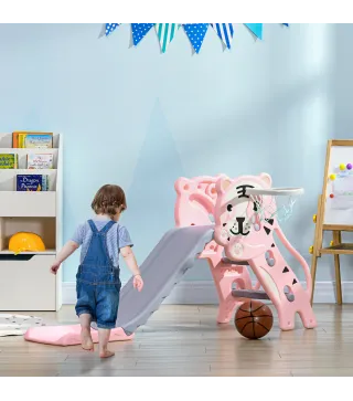 Tobogán para Niños de 18 a 36 Meses con 2 Escaleras 1 Canasta de Baloncesto y Patrón de Tigre 133x60x70 cm Rosa y Gris