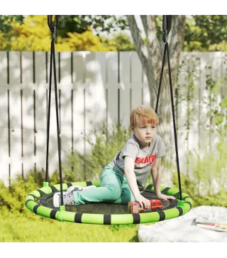 Columpio Infantil Redondo de 100 cm para Jardín con Altura Ajustable y Soporte de 150 kg Ø100x180 cm Negro y Verde