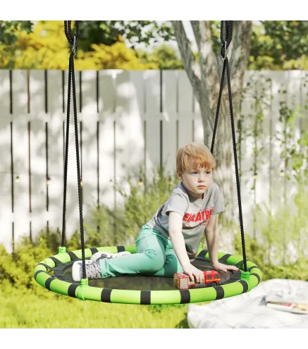 Columpio Infantil Redondo de 100 cm para Jardín con Altura Ajustable y Soporte de 150 kg Ø100x180 cm Negro y Verde