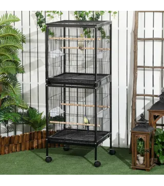 Jaula para Pájaros de 2 Niveles con Ruedas Bandejas Extraíbles Puertas Comederos Perchas 51,5x50x140 cm Negro