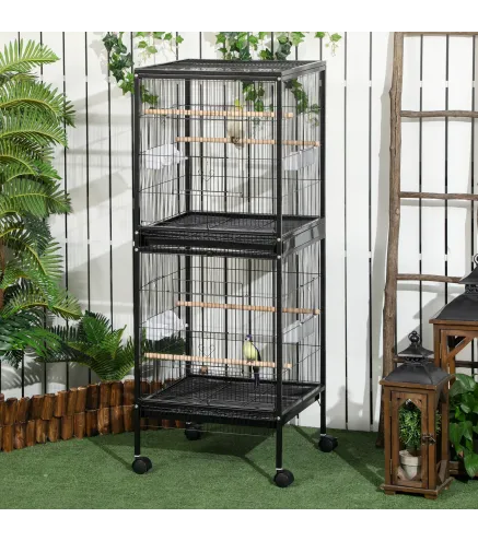 Jaula para Pájaros de 2 Niveles con Ruedas Bandejas Extraíbles Puertas Comederos Perchas 51,5x50x140 cm Negro