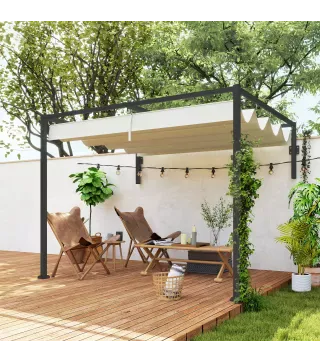 Pérgola de Pared 3x2 m con Techo Retráctil Tela de Poliéster Resistente al Agua para Jardín Patio Crema