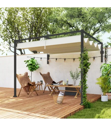 Pérgola de Pared 3x2 m con Techo Retráctil Tela de Poliéster Resistente al Agua para Jardín Patio Crema