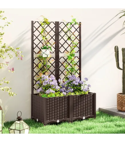 Jardinera con Enrejado de Plástico para Plantas Trepadoras con Drenaje y Amplio Espacio de Cultivo 80x40x135 cm Marrón