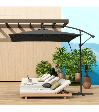 Parasol Excéntrico 247x247 cm con Base Cruzada Manivela Funda Protectora y Toldo Giratorio 360° Gris Oscuro