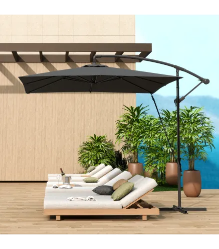 Parasol Excéntrico 247x247 cm con Base Cruzada Manivela Funda Protectora y Toldo Giratorio 360° Gris Oscuro