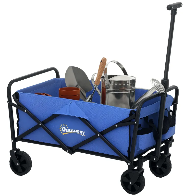 Carro de Jardín Plegable con Ruedas Asa Telescópica Ajustable Carga 100 kg para Campaña Compra 64x42x27 cm Azul