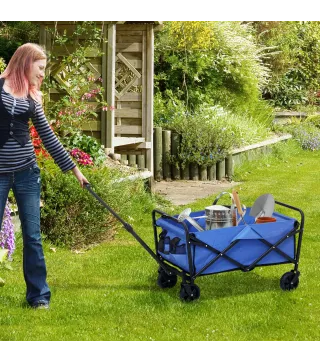 Carro de Jardín Plegable con Ruedas Asa Telescópica Ajustable Carga 100 kg para Campaña Compra 64x42x27 cm Azul