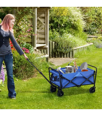 Carro de Jardín Plegable con Ruedas Asa Telescópica Ajustable Carga 100 kg para Campaña Compra 64x42x27 cm Azul