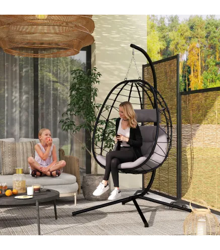 Silla Colgante Huevo con Soporte con Cesta Plegable Cojín y Reposacabezas para Interior y Exterior Carga 120 kg Gris