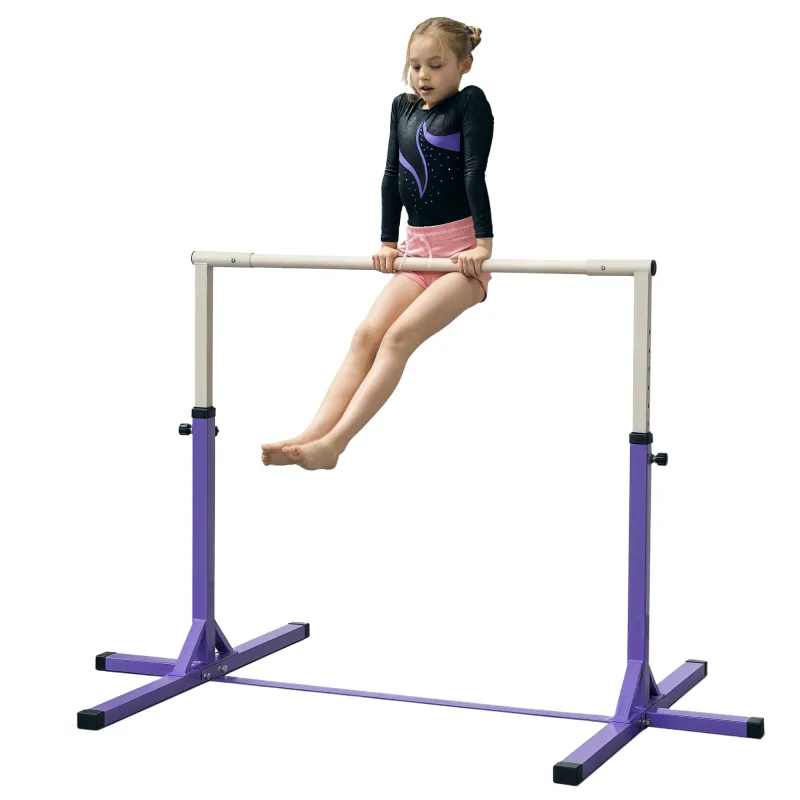 Barra de Gimnasia para Niños +3 Años Barra de Entrenamiento Altura Ajustable 92-150 cm Carga 75 kg 194x121x150cm Violeta