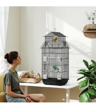 Jaula para Pájaros de Acero con Comederos Perchas Columpio y Bandeja Extraíble 50,5x41x104 cm Negro