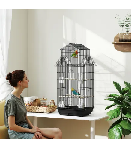 Jaula para Pájaros de Acero con Comederos Perchas Columpio y Bandeja Extraíble 50,5x41x104 cm Negro