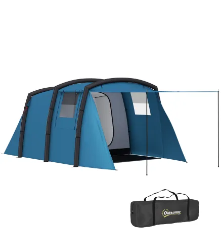 Tienda de Campaña Inflable Tipo Túnel para 3-6 Personas con Vestíbulo Ventanas de Malla y Bolsa Impermeable Azul