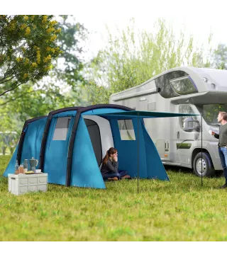Tienda de Campaña Inflable Tipo Túnel para 3-6 Personas con Vestíbulo Ventanas de Malla y Bolsa Impermeable Azul
