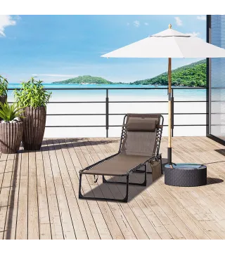 Tumbona Plegable con Respaldo Ajustable Reposacabezas Acolchado y Estructura de Acero para Exterior 189x58x30 cm Marrón