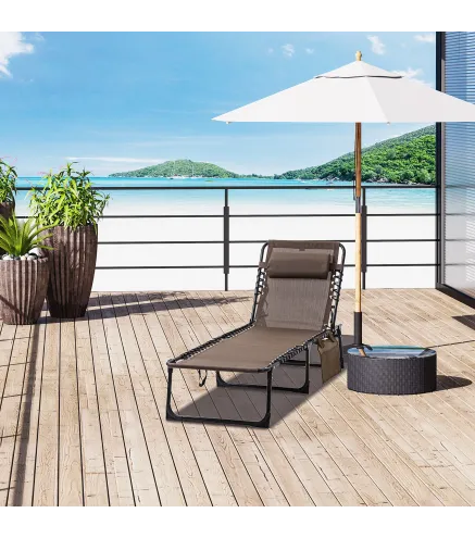 Tumbona Plegable con Respaldo Ajustable Reposacabezas Acolchado y Estructura de Acero para Exterior 189x58x30 cm Marrón