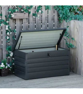 Arcón Exterior Capacidad 311L Baúl de Almacenaje de Acero con Cerradura Llave Pistones Neumáticos 120x62x62 cm Gris