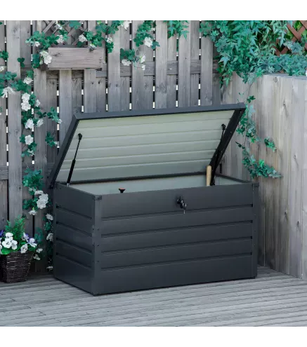Arcón Exterior Capacidad 311L Baúl de Almacenaje de Acero con Cerradura Llave Pistones Neumáticos 120x62x62 cm Gris
