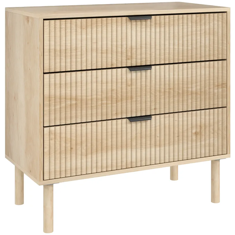 Cómoda de Dormitorio Estilo Nórdico con Cajones Amplios Paneles Acanalados y Tiradores Metálicos 80x40x77,5 cm Roble