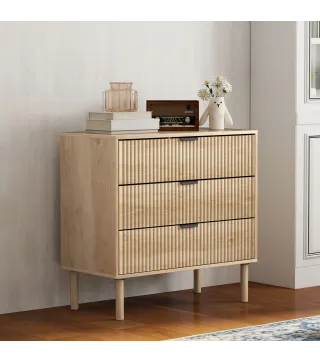 Cómoda de Dormitorio Estilo Nórdico con Cajones Amplios Paneles Acanalados y Tiradores Metálicos 80x40x77,5 cm Roble