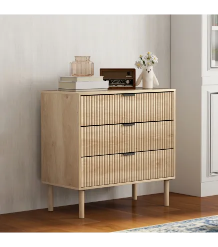 Cómoda de Dormitorio Estilo Nórdico con Cajones Amplios Paneles Acanalados y Tiradores Metálicos 80x40x77,5 cm Roble