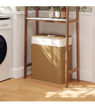 Cesto de Ropa Sucia de Bambú con 2 Compartimentos Asas para Facilitar el Uso y Bolsas Desmontables Lavables 52x32x63 cm