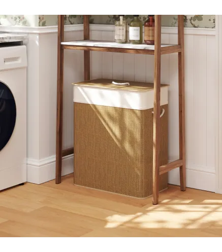 Cesto de Ropa Sucia de Bambú con 2 Compartimentos Asas para Facilitar el Uso y Bolsas Desmontables Lavables 52x32x63 cm