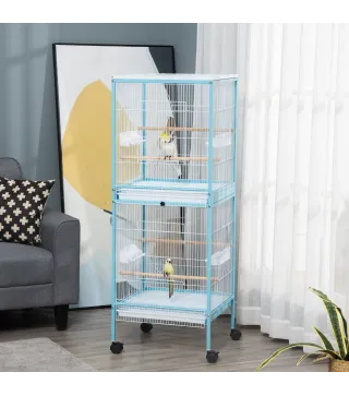 Jaula para Pájaros de 2 Niveles con Ruedas Bandejas Extraíbles Puertas Comederos Perchas 51,5x50x140 cm Azul