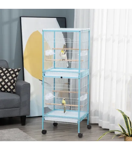 Jaula para Pájaros de 2 Niveles con Ruedas Bandejas Extraíbles Puertas Comederos Perchas 51,5x50x140 cm Azul