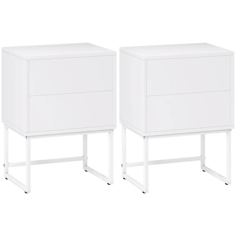 Pack de 2 Mesitas de Noche Estrechas con 2 Cajones Apertura por Presión y Patas de Acero 40x30x55 cm Blanco