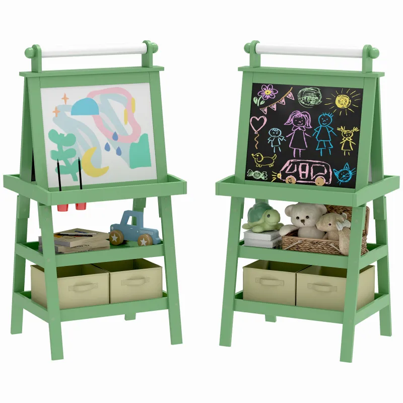 Pizarra Infantil Caballete 3 en 1 Caballete de Pintura para Niños de Doble Cara con Rollo de Papel y Cestas Verde