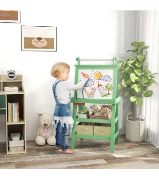 Pizarra Infantil Caballete 3 en 1 Caballete de Pintura para Niños de Doble Cara con Rollo de Papel y Cestas Verde