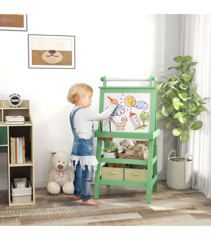 Pizarra Infantil Caballete 3 en 1 Caballete de Pintura para Niños de Doble Cara con Rollo de Papel y Cestas Verde
