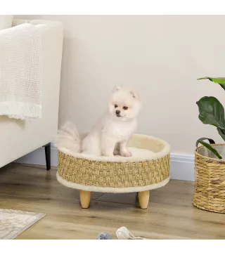 Cama para Perros Miniaturas con Cojín Lavable Cuerda de Seagrass y Marco de Madera Ø48x24,5 cm Beige