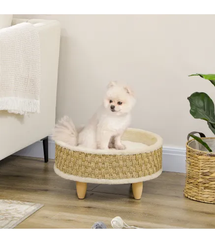 Cama para Perros Miniaturas con Cojín Lavable Cuerda de Seagrass y Marco de Madera Ø48x24,5 cm Beige