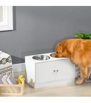 Comedero Elevado para Perros Grandes con 2 Cuencos de 2000ml y Almacenamiento Oculto 60x30x35,5 cm Blanco