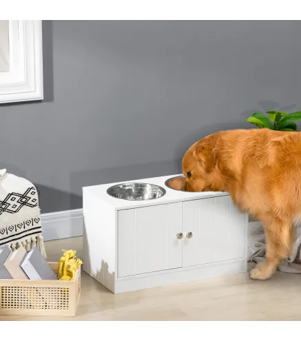 Comedero Elevado para Perros Grandes con 2 Cuencos de 2000ml y Almacenamiento Oculto 60x30x35,5 cm Blanco