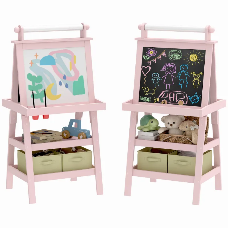 Pizarra Infantil Caballete 3 en 1 Caballete de Pintura para Niños de Doble Cara con Rollo de Papel y Cestas Rosa Palo