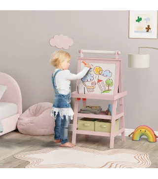 Pizarra Infantil Caballete 3 en 1 Caballete de Pintura para Niños de Doble Cara con Rollo de Papel y Cestas Rosa Palo